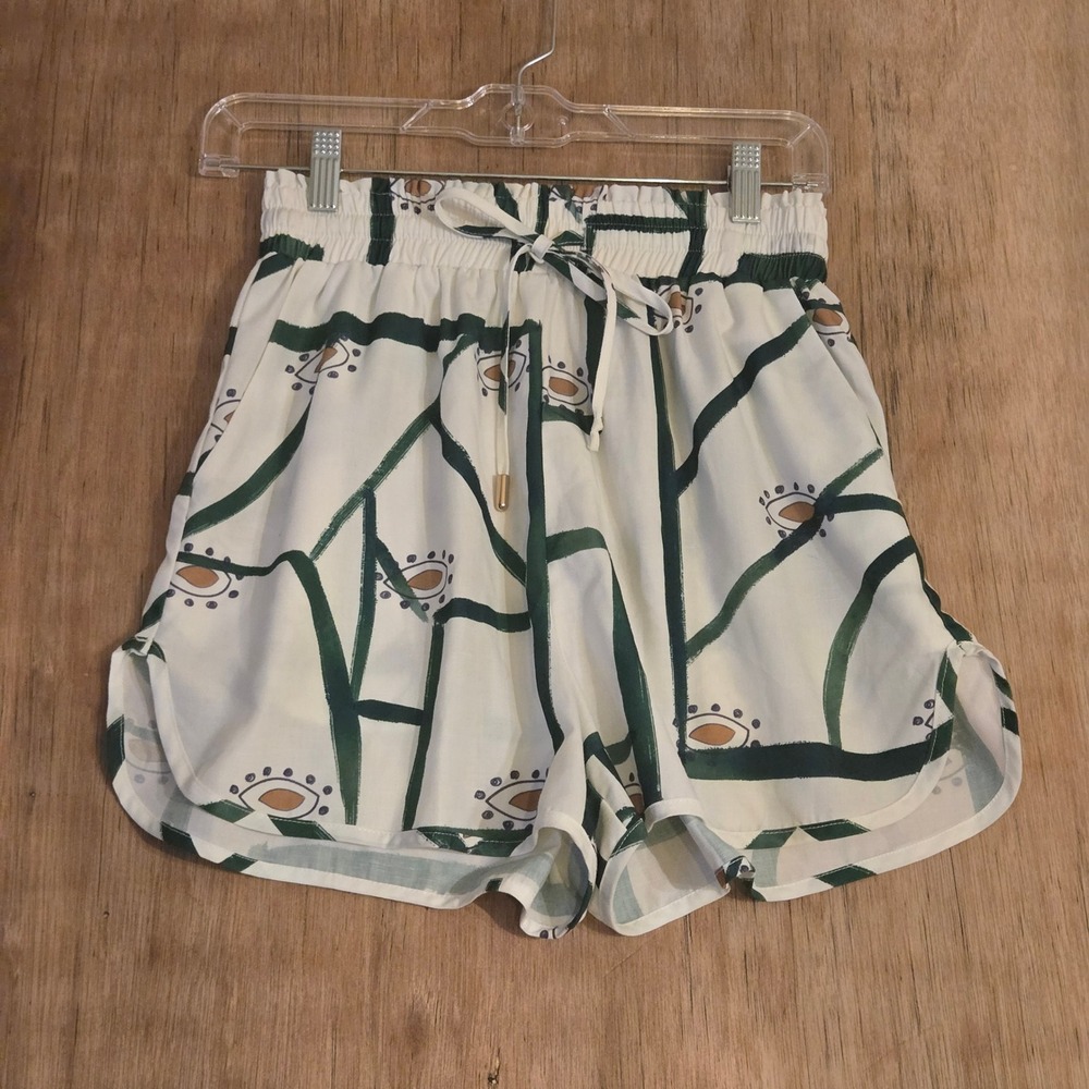 Abstract Evil Eye Shorts Small Green White Drawstring Relaxed Summer Commense